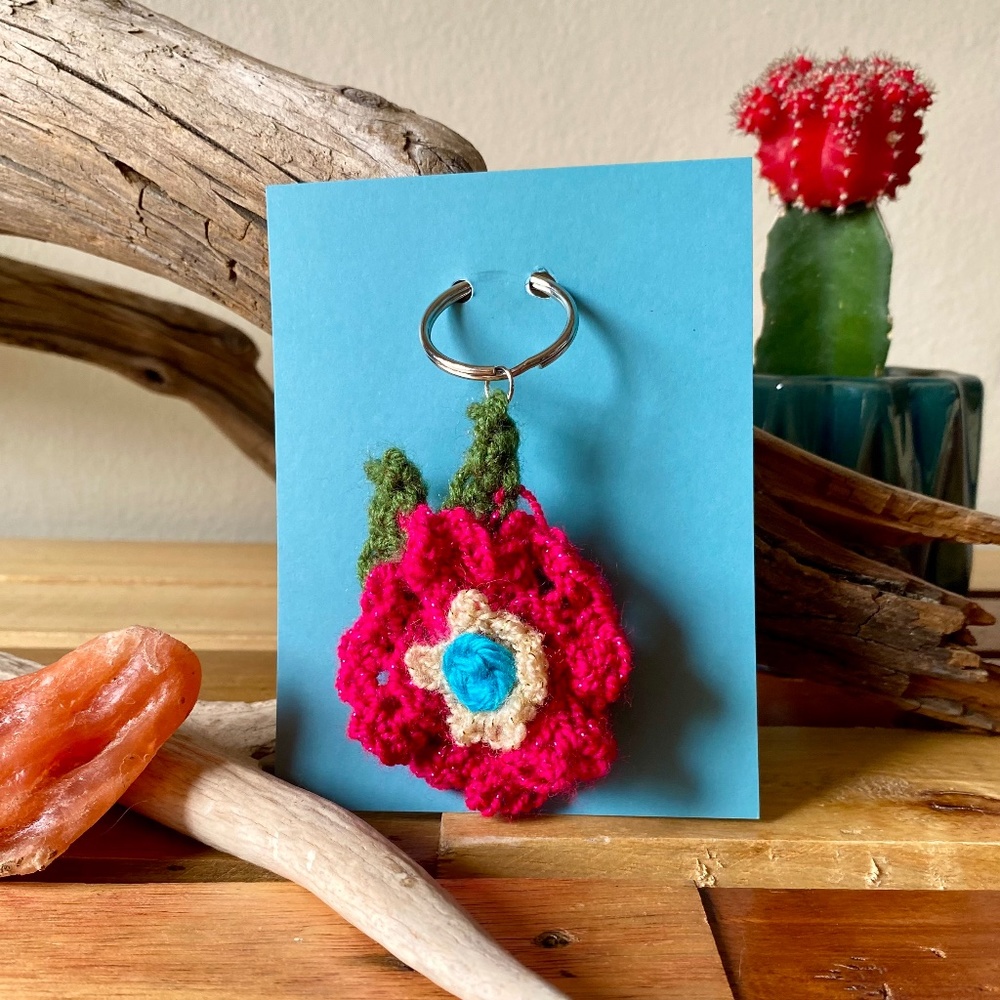 Handmade Crochet Pink Flower Keychain